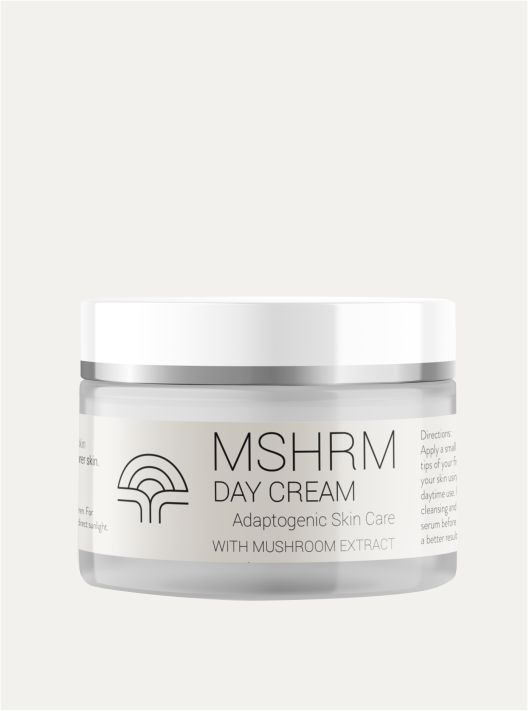MSHRM Day Cream container with adaptogenic skin care and mushroom extract label.