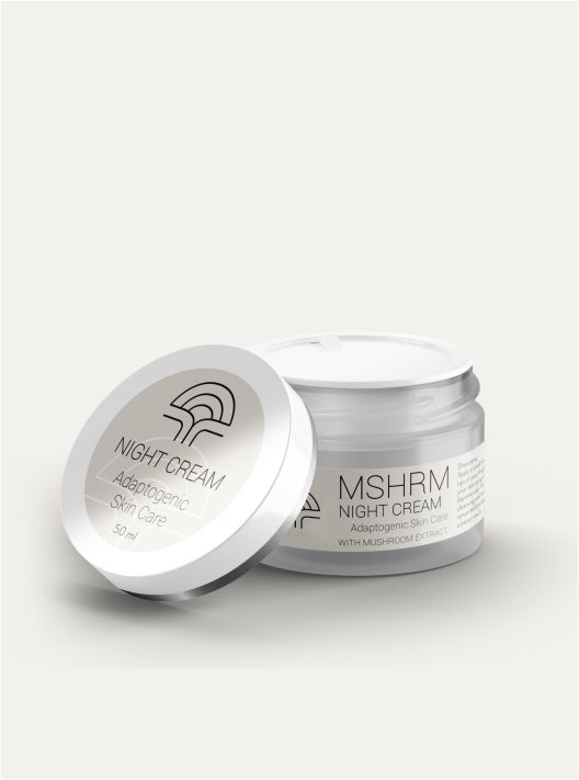 MSHRM Night Cream jar with a silver lid and white container, featuring adaptive skin care with mushroom extract.