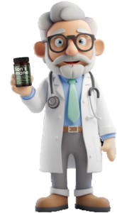 Cartoon character of a doctor with glasses holding a supplement bottle labeled 'Ion's Mane'.