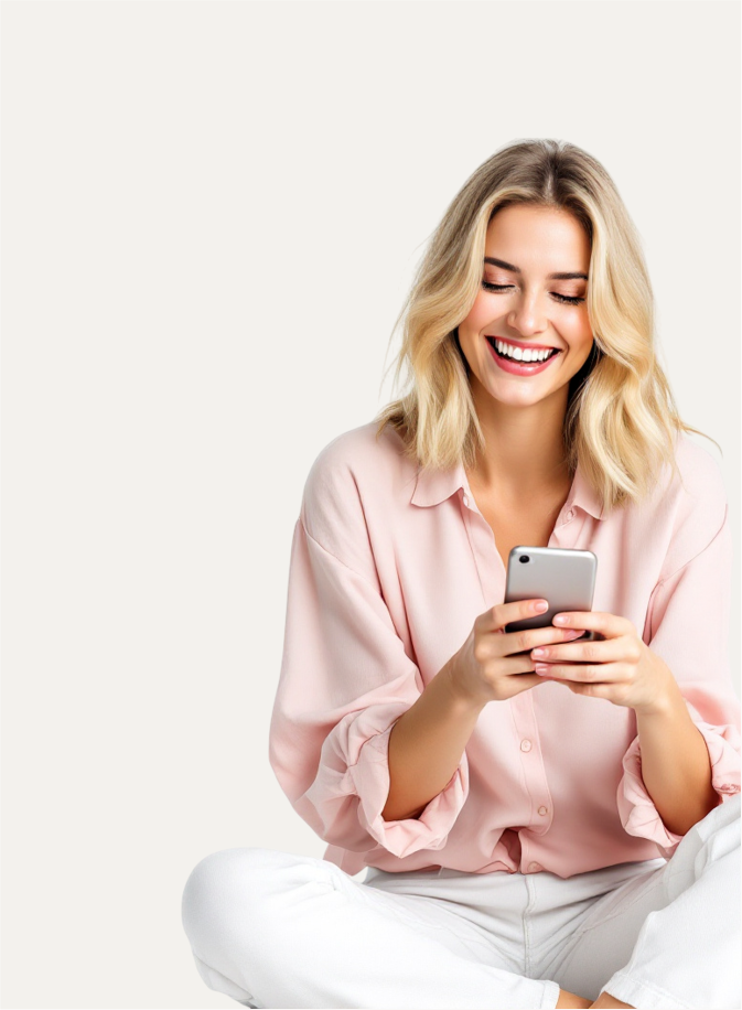 Smiling woman with shoulder-length blonde hair sitting and using a smartphone.