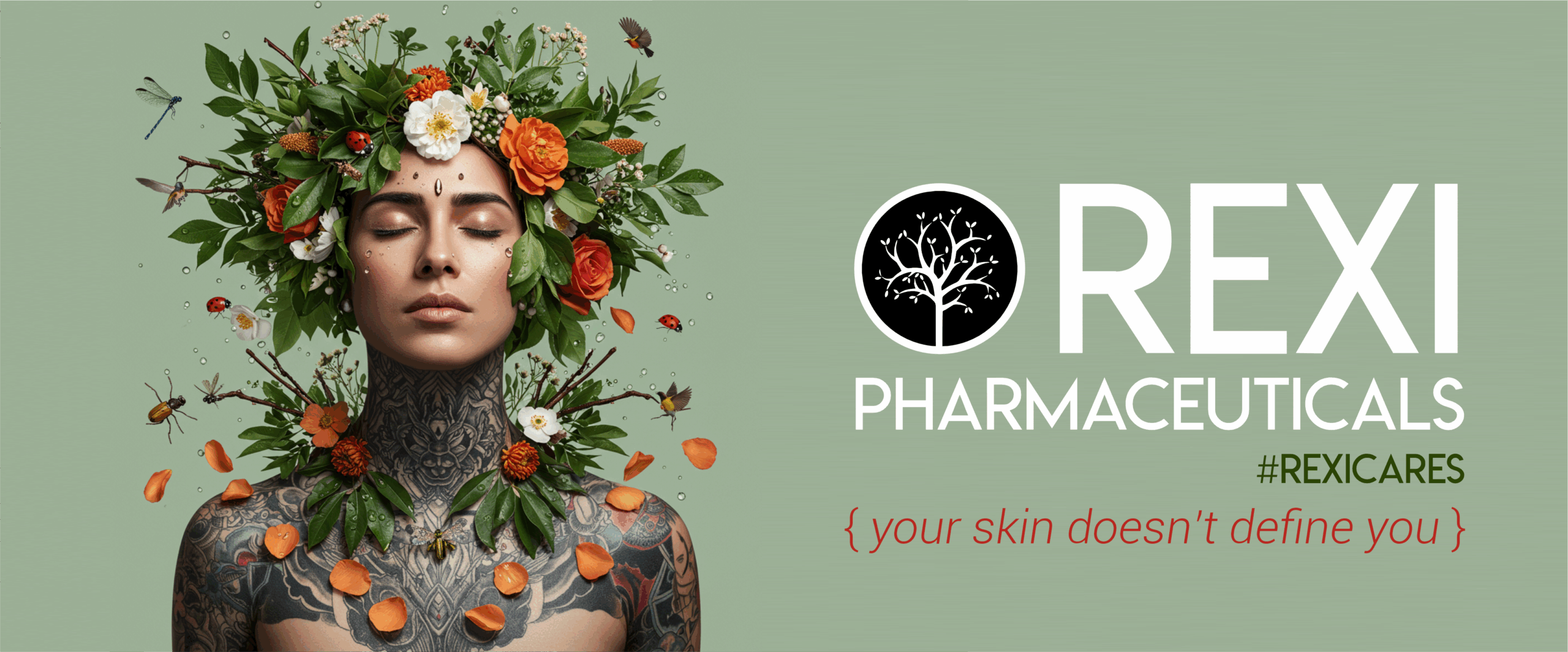 Woman with a floral headpiece and intricate body art on her neck and shoulders.