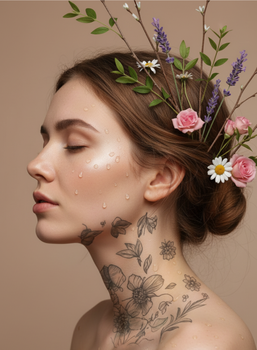 Profile view of a woman with flowers in her hair and a floral tattoo on her neck.
