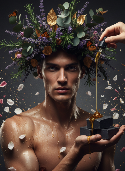 A man with a floral crown holding a black box while oil is being dripped from a dropper above him.