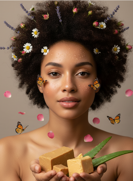 Woman with curly hair holding natural skincare products surrounded by flowers and butterflies.