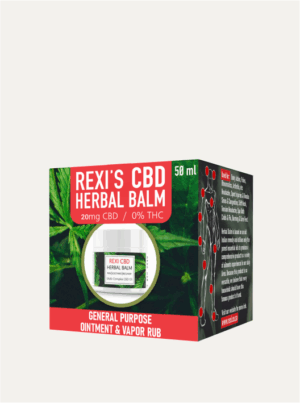 Packaging of REXI's CBD Herbal Balm, a 50 ml ointment containing 20mg CBD and 0% THC.