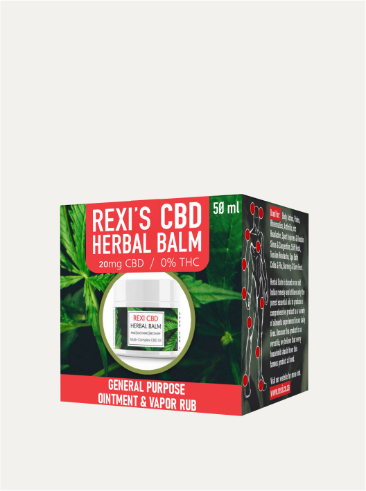 Packaging of REXI's CBD Herbal Balm, a 50 ml ointment containing 20mg CBD and 0% THC.