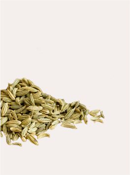 A pile of dried fennel seeds displayed on a light background, showcasing their elongated shape and light green color.