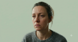 A person showing signs of dull, stressed skin on a soft green background