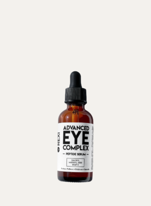 Amber glass dropper bottle of Rexi Advanced Eye Complex Peptide Serum displayed against a black background