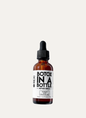 Rexi Botox in a Bottle Peptide Serum label layout detailing active ingredients, product benefits, and South African manufacturing information