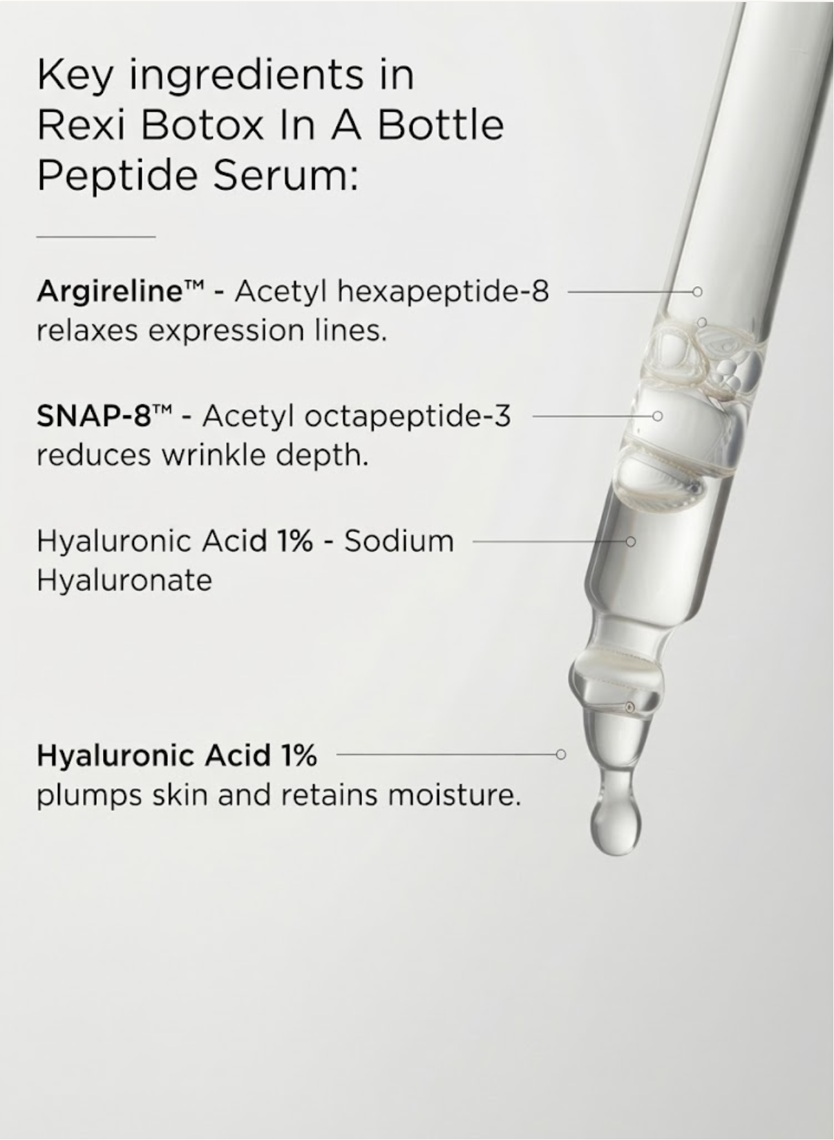 Rexi Botox in a Bottle Peptide Serum label layout detailing active ingredients, product benefits, and South African manufacturing information