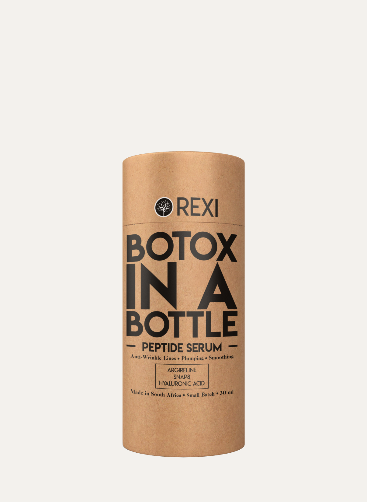 Rexi Botox in a Bottle Peptide Serum label layout detailing active ingredients, product benefits, and South African manufacturing information